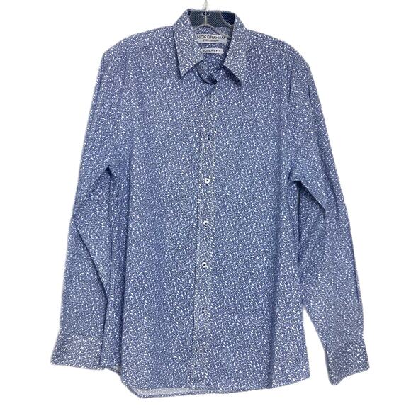 Nick Graham Everywhere Shirt Blue Paisley Flip Cuff Modern Fit 15.5 34-35 M - Picture 3 of 14